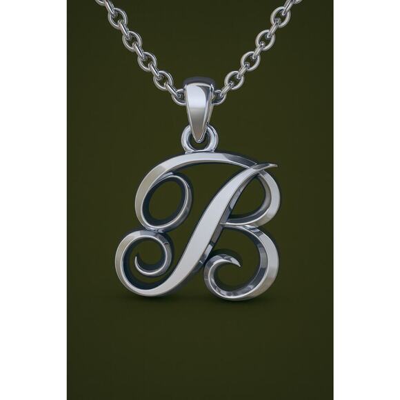 Letter Script Initial Necklace in Sterling Silver – Free 18 Inch Cable Chain - Picture 3 of 5